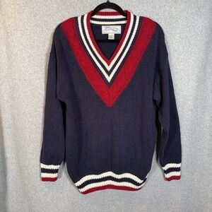 Vintage Varsity Sweater‎ Womens Medium Nuggets V Neck Navy Blue Cotton Pullover